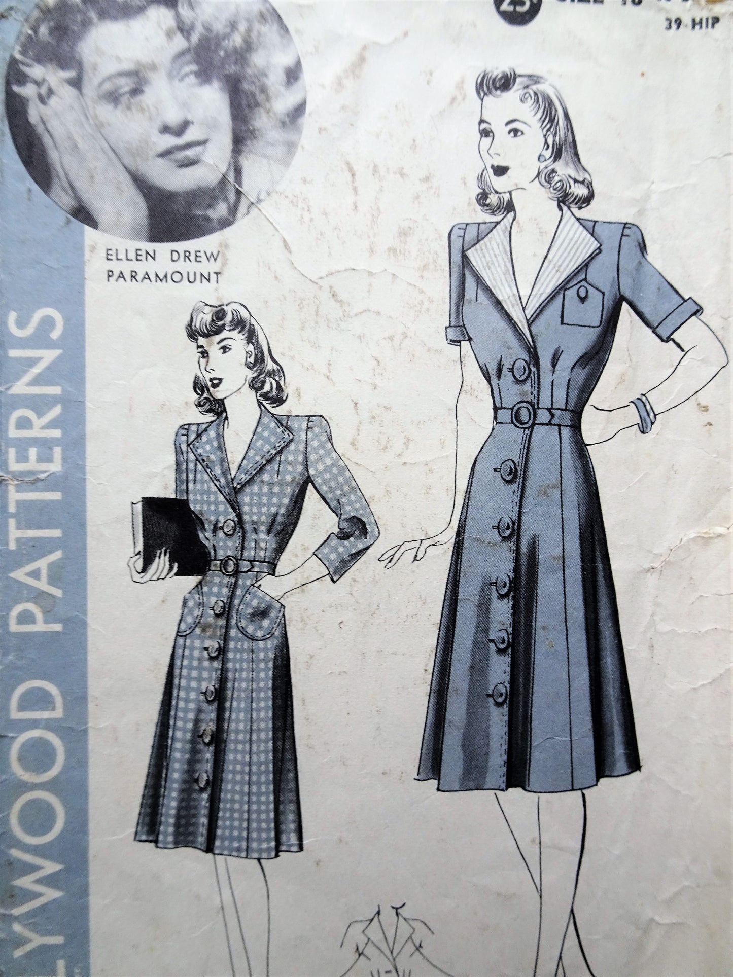 1940s FABULOUS Dress and Dickey Pattern HOLLYWOOD 726, Stylish Design Front Button Dress, Features Starlet Ellen Drew, Bust 36 Vintage Sewing Pattern