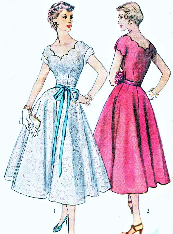 1950s Day or Evening Party Dress Pattern SIMPLICITY 4295 Scalloped Sweetheart Neckline Full Skirt Cocktail Dress Vintage Sewing Pattern