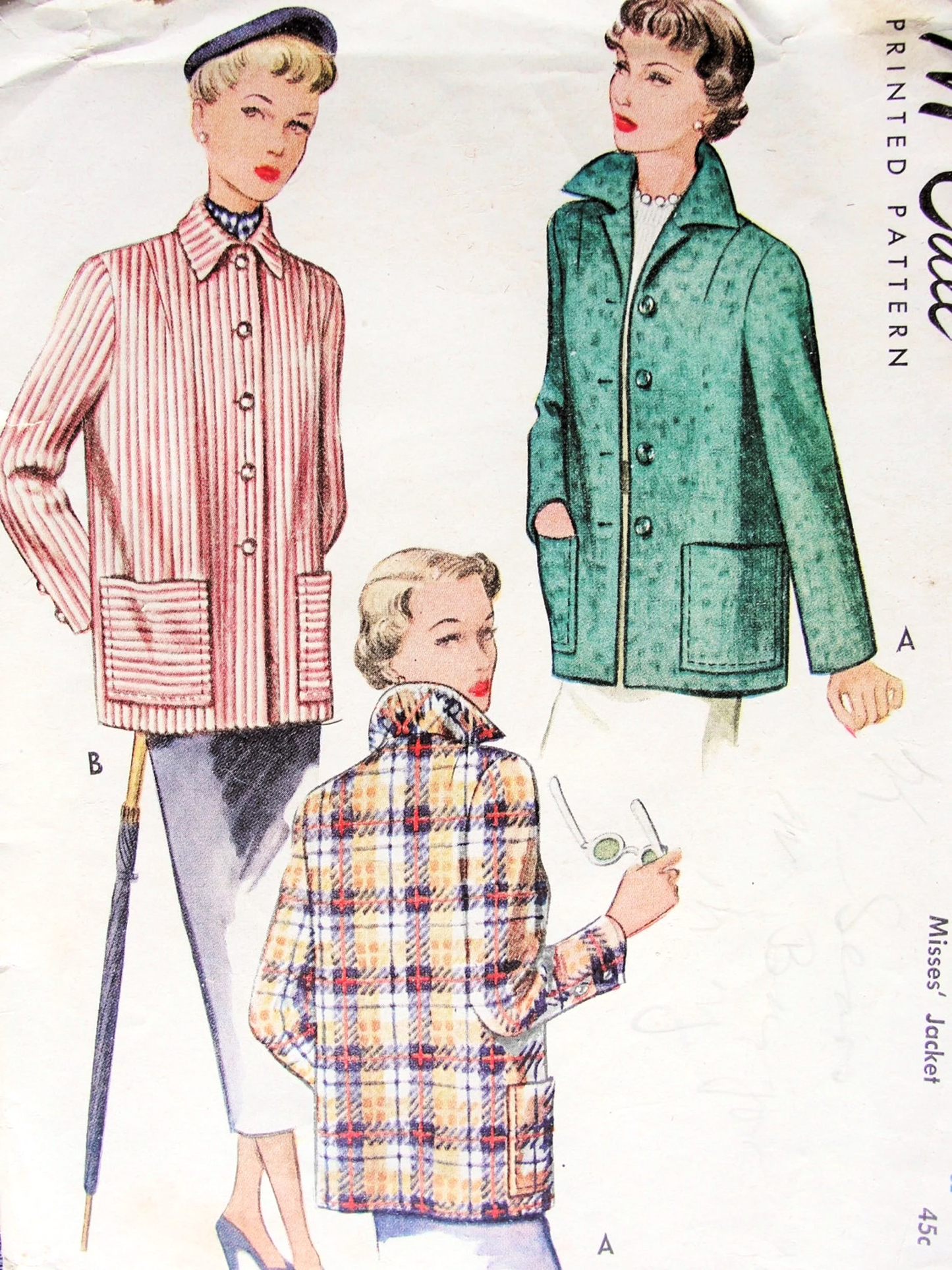 1940s Jacket Coat Pattern McCall 7400 Easy Car Coat Walking Jacket Bust 32 Vintage Sewing Pattern