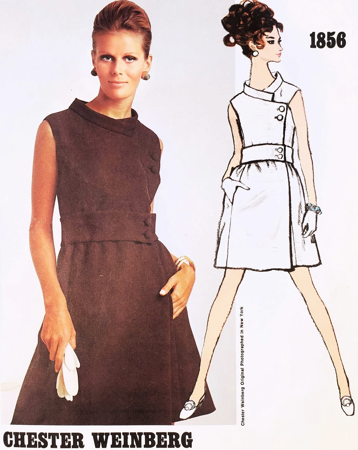 1960s BEAUTIFUL Dress Day or Cocktail Party Pattern VOGUE Americana 1856 Side Button Design Chester Weinberg Bust 34 Vintage Sewing Pattern FF