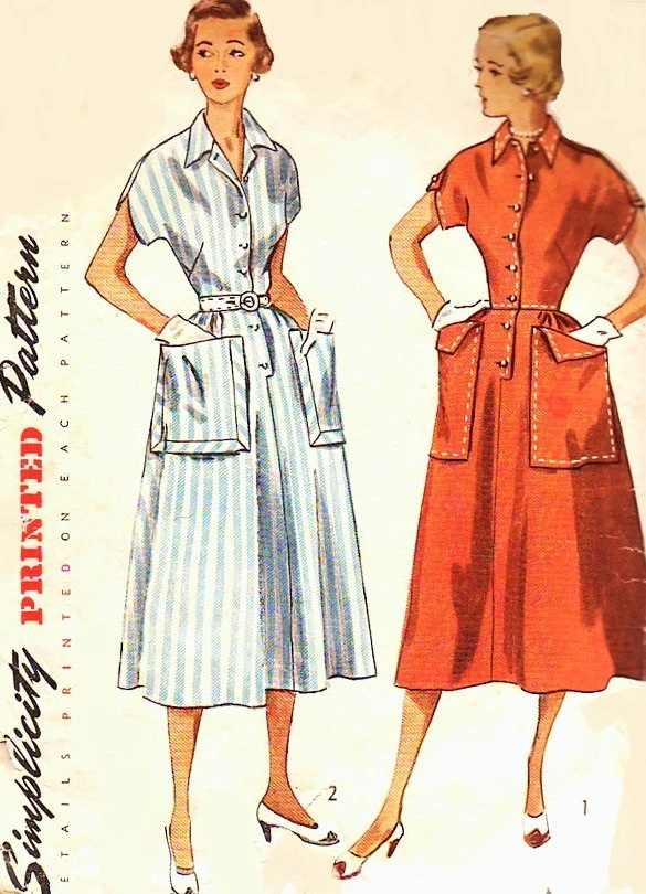 1950s Large Pockets Dress Pattern SIMPLICITY 3289 Kimono Sleeves, Tailored Details, Bust 34 ,Vintage Sewing Pattern