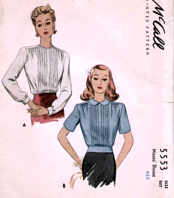 1940s LOVELY Pintuck Blouse Pattern McCALL 5553 Button Back Tuck In or Overblouse Jewel or Collar Necklines Bust 38 Vintage Sewing Pattern