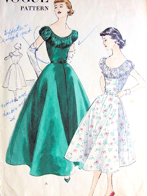 1950s LOVELY Evening Gown or Dress Pattern VOGUE 3446 Low Neckline, Puff Sleeves, Beautiful Design, Bust 34 Vintage Sewing Pattern