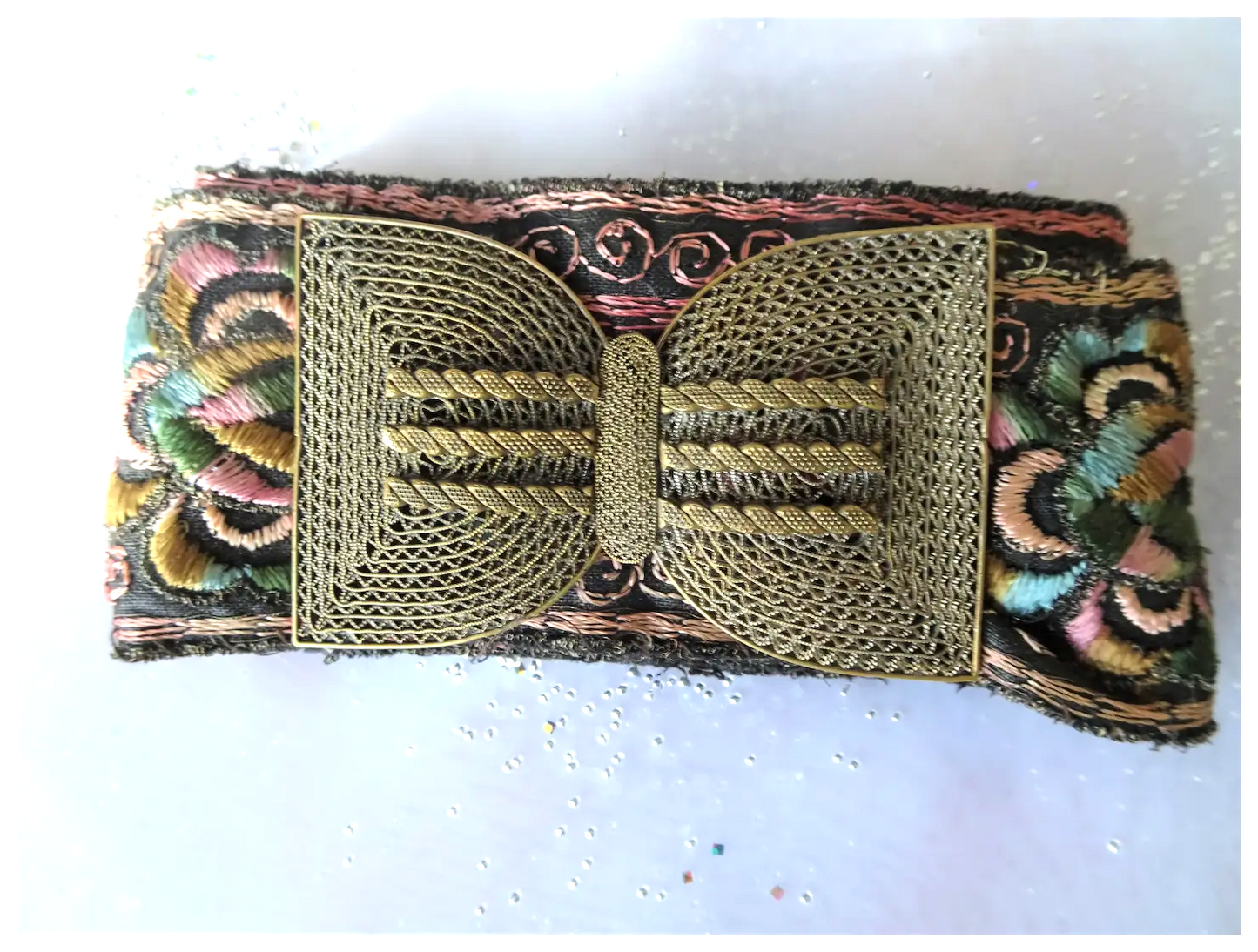 ANTIQUE French Belt,Filigree Gilt Silver Metal Buckle,LOVELY Embroidered Metal Fabric Belt,Beautiful Unique Belt,Collectible Vintage Buckles