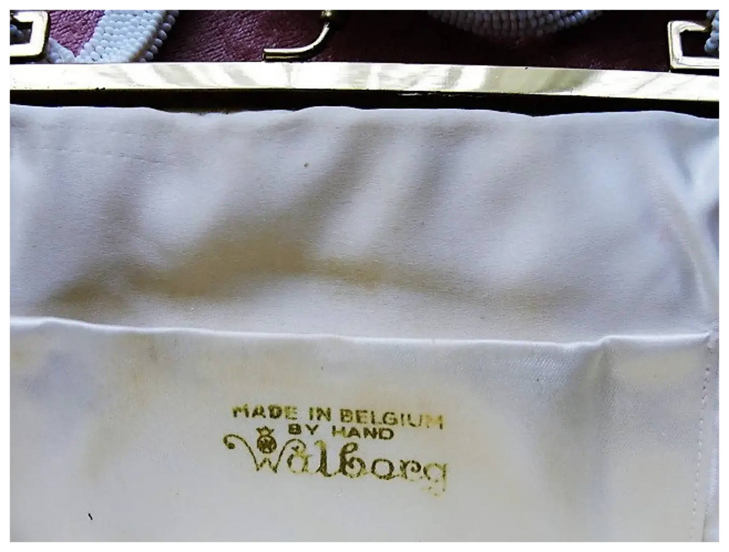 GORGEOUS Vintage Belgium Hand Beaded Large Evening Hand Bag, Special Occasion Purse, White Glass Beads White Enamel Frame, Walborg, Belgium