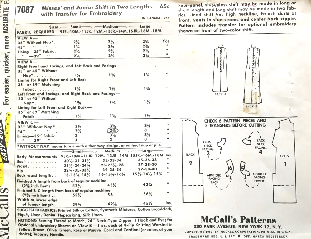 1960s EASY TO SEW Shift Dress Pattern McCALLs 7087 Two Lengths Slim Dress With Iron On Transfer Size Small Bust 30-31 Vintage Sewing Pattern FF