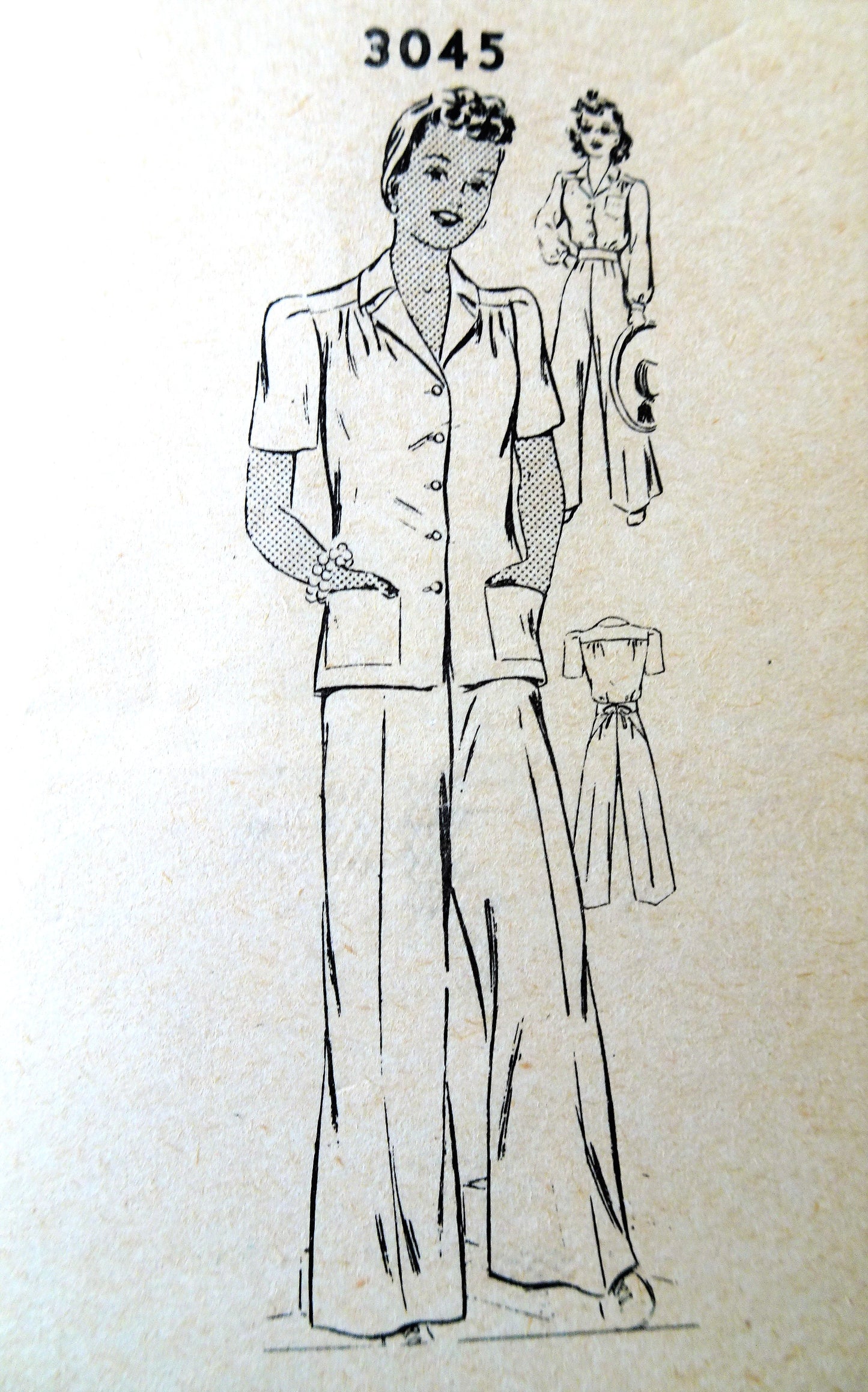 1940s WWII Era Blouse and Pants Pattern MAIL ORDER 3045 High Waist Slacks Loose or Tuck In Blouse Bust 32 Vintage Sewing Pattern FF