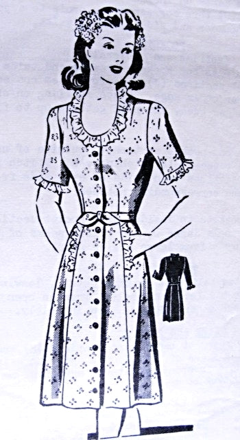 1940s Cute Dress Pattern Low Ruffle Trim Neckline Front Button WWII War Time Pretty Dress Mail Order Vintage Swing Pattern 8537 Bust 30