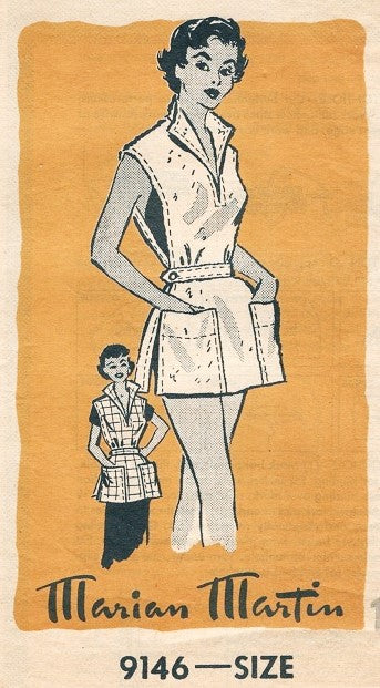1950s CUTE Apron or Beach CoverUp Pattern MARIAN MARTIN 9146 Lovely V Neckline Wing Collar Bust 30 Vintage Sewing Pattern FACTORY FOLDED