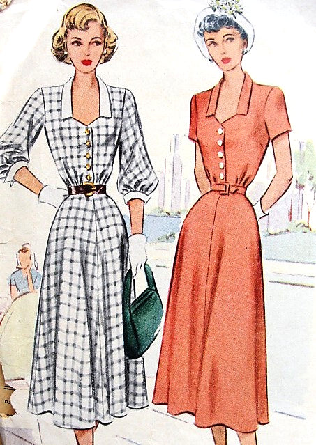 1940s PRETTY Dress Pattern McCALL 7289 Cute Figure Flattering Style,Two Sleeve Versions Bust 30 Vintage Sewing Pattern
