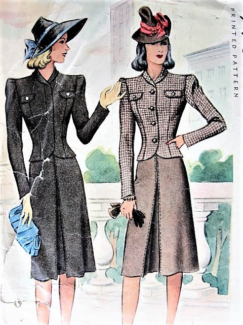 1940s STYLISH Suit Pattern McCALL 4074 Fitted Shorter Jacket, Flared Front Pleat Skirt, Figure Flattering Design WW II Era Suit Bust 30 Vintage Sewing Pattern