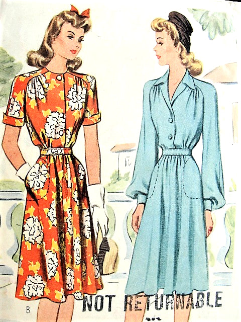 1940s PRETTY WW II Era Dress Pattern McCALL 4732 Short Sleeve Summer or Long Sleeved Fall Style, Bust 30 Vintage Sewing Pattern