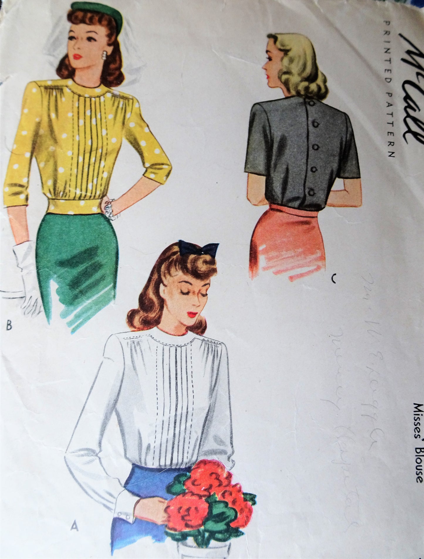 1940s LOVELY WW II Blouse Pattern McCALL 5111 Beautiful Overblouse or Tuck In Blouse Button Back, Bust 30 Vintage Sewing Pattern