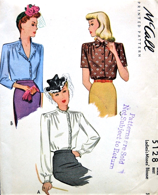 1940s LOVELY Blouse Pattern McCALL 5128 War Time WW II Era Three Versions Bust 30 Vintage Sewing Pattern