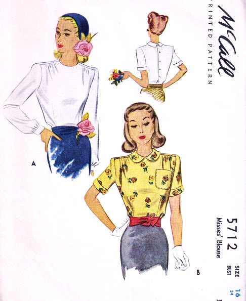 1940s STYLISH Blouse Pattern McCALL 5712 Two Style Versions Bust 32 Vintage Sewing Pattern