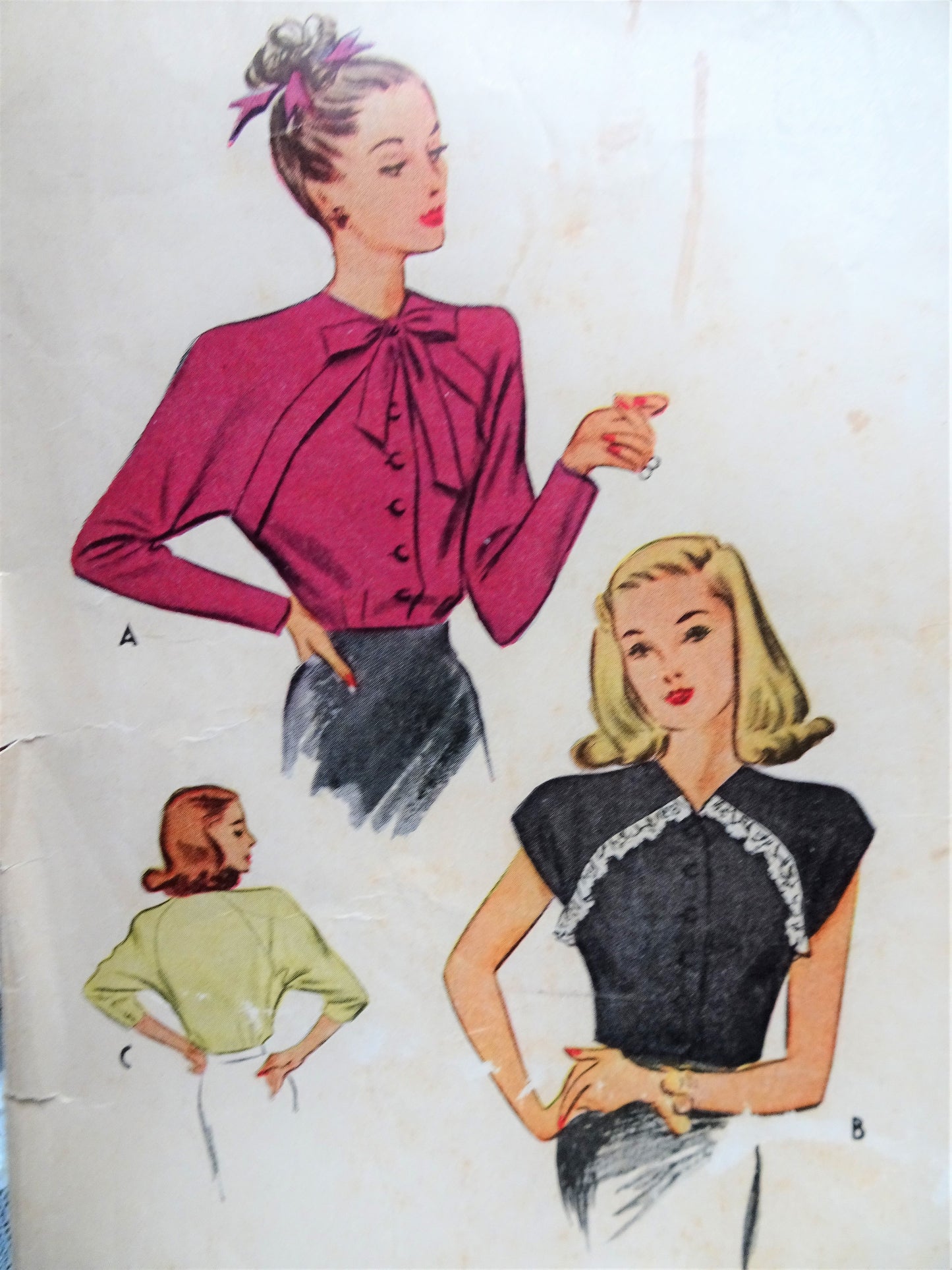 1940s BEAUTIFUL Blouse Pattern McCALL 6183 Lovely Tuck in War Era Raglan Sleeve Blouse 3 Versions Bust 34 Vintage Sewing Pattern