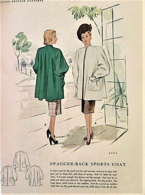 1940s DRAMATIC Joan Crawford Adrian Style Coat Pattern McCALL 6796 Swing Film Noir Era Three Quarter Length High Fashion Lantern Sleeves Bust 30 Vintage Sewing Pattern