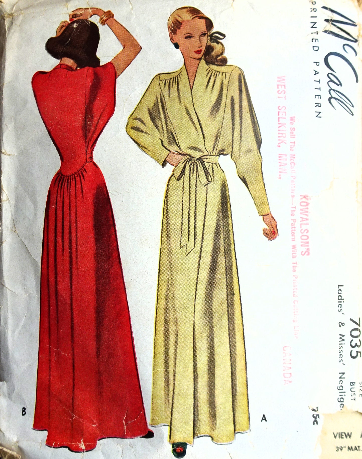 1940s GLAMOROUS Negligee House Coat Robe Lounging Hostess Gown Pattern McCALL 7035 Bust 32 Pure Flattery Film Noir Style Vintage Sewing Pattern