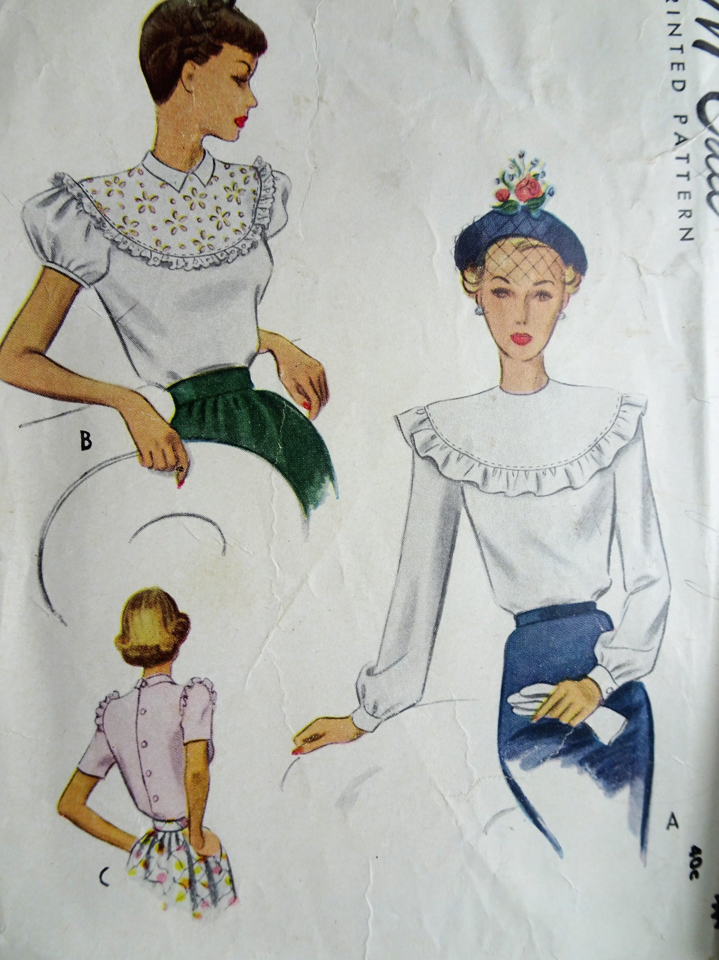 1940s ROMANTIC Blouse Pattern McCALL 7333 Three Pretty Styles, Button Back Tuck In Blouses,Bust 34 Vintage Sewing Pattern