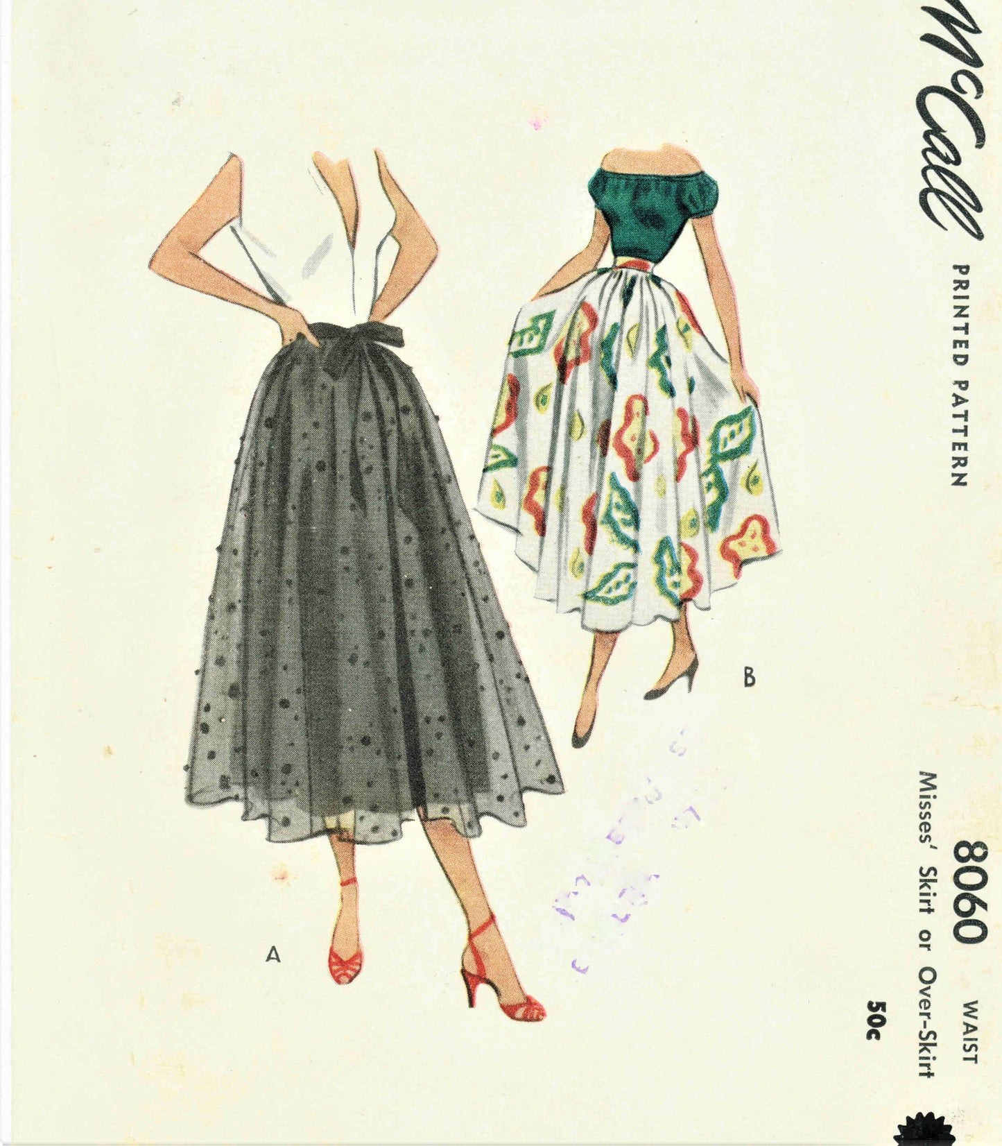 1950 DREAMY Full Skirt or Over Skirt Pattern McCALL 8060 Daytime or Evening Skirts Waist 24 Vintage Sewing Pattern