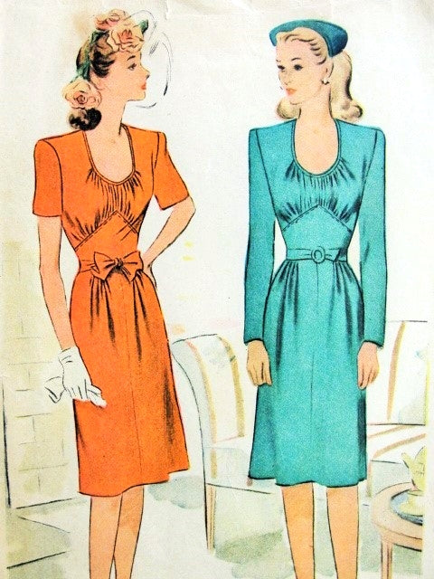 1940s Lovely Dress Pattern McCall 5773 Low U Shape Neckline Gathered Bodice High Shaped Midriff Beautiful WW II Dress Bust 30 Vintage Sewing Pattern