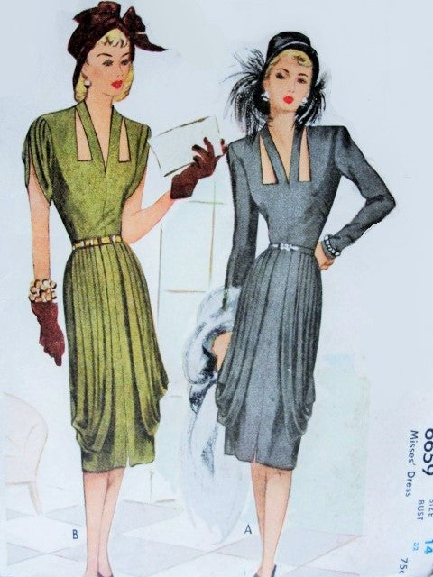draped evening dress patterns 1940s 1950s Vintage Gown Sewing Pattern Evening Cocktail Dress One Shoulder Paneled Drape Bust 30 32 34 36 Reproduction English & French