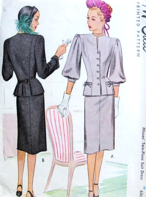 1940s Stylish Suit Dress Pattern McCall 6685 Two Sleeve Styles Slim Skirt With Front Slit Bust 34 Vintage Sewing Pattern
