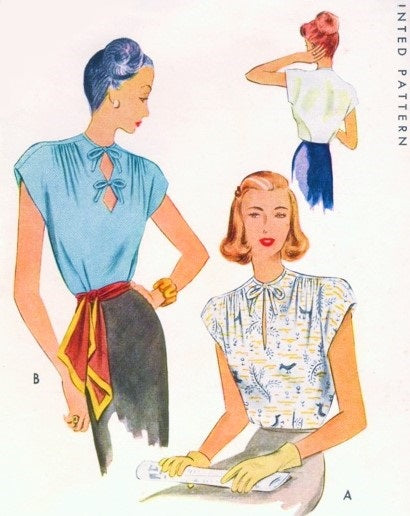 1940s LOVELY Film Noir Blouse Pattern McCall 6818 Double Diamond Shape Keyhole or Slit Neckline Draped Shoulders Beautiful Tuck In Blouse Day or Evening Bust 32 Vintage Sewing Pattern