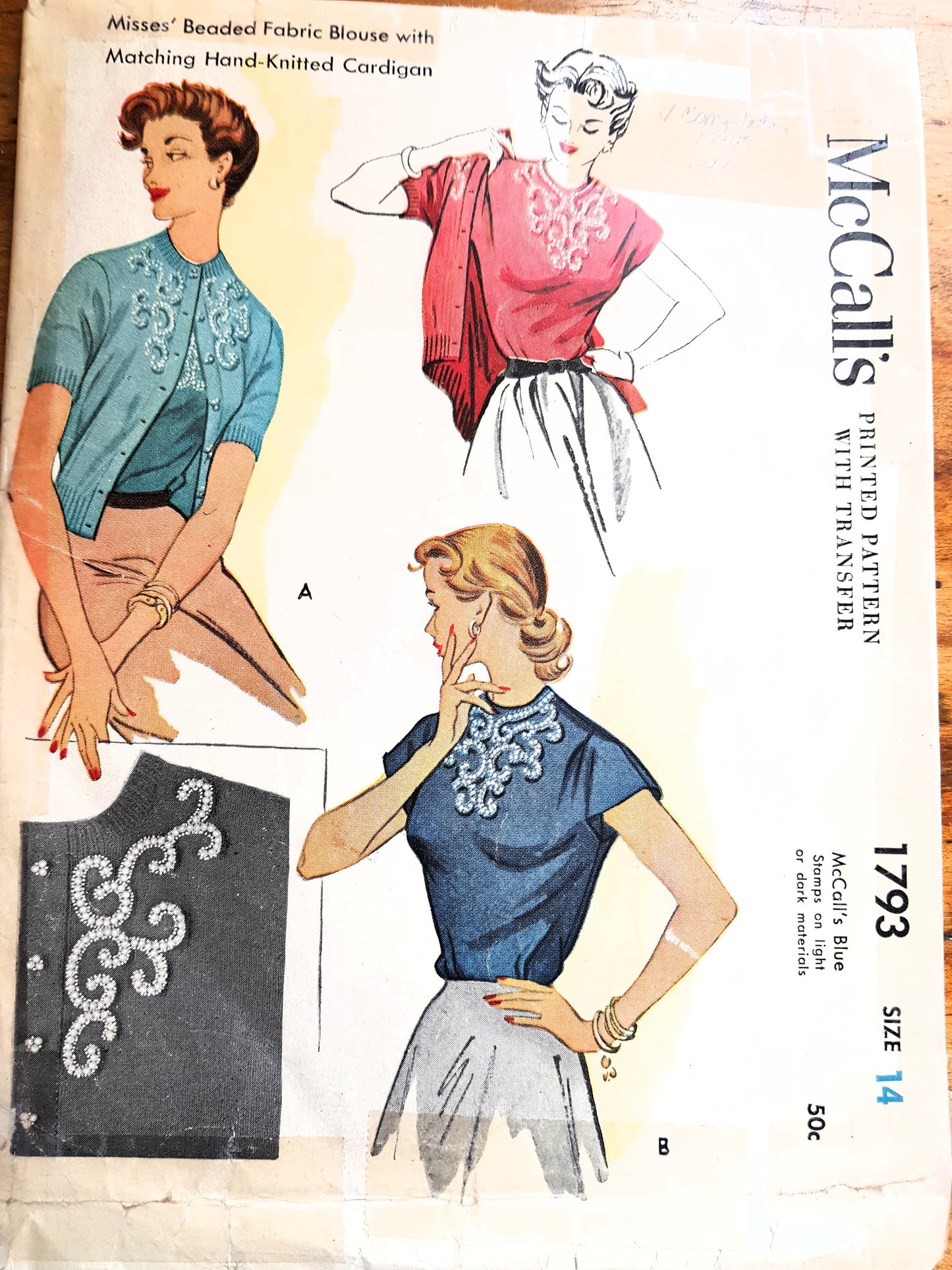 1950s BEADED Fabric Blouse Pattern McCALLS 1793 Includes Matching Hand Knitted Cardigan Instructions and Transfer, Bust 32 Vintage Sewing Pattern