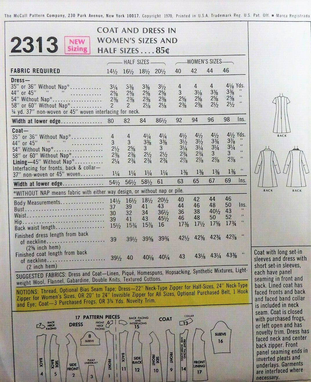 FABULOUS 1970s Coat and Dress Pattern McCALLS 2313 Lined Coat,Cute Dress Bust 39 Vintage Sewing Pattern UNCUT