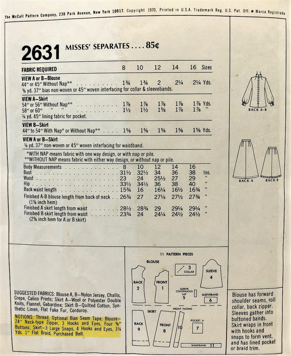 FAB 1970s Blouse and Skirt Pattern McCALLS 2631 Mini or Midi Front Wrap Skirts,Tuck In or Blouse, Bust 32 Vintage Sewing Pattern UNCUT