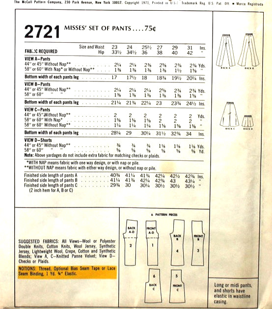 RETRO 70s High Waist Shorts Wide Leg Pants Midi Culottes Gauchos Slim Leg Pants Pattern McCALLS 2721 Waist 23 Vintage Sewing Pattern UNCUT