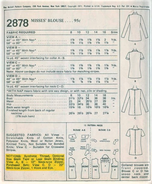 1970s FAB Blouse Top Pattern McCALLS 2878 Five Style Versions Easy To Sew Bust 34 Vintage Sewing Pattern UNCUT