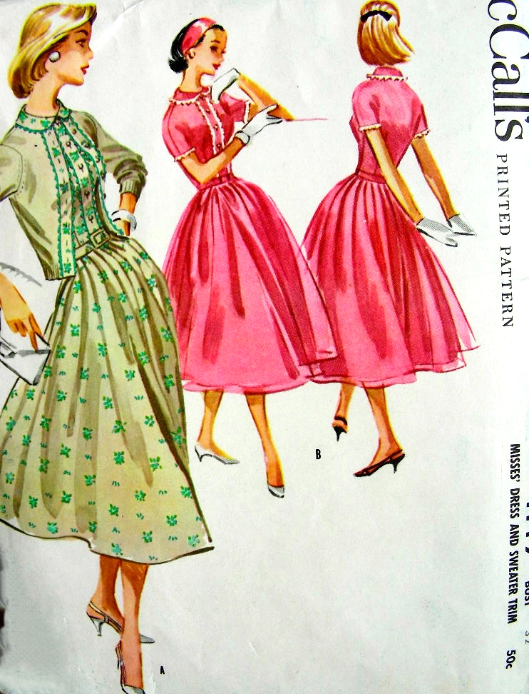 1950s LOVELY Dress and Sweater Trim Pattern McCALLS 4119 Flattering Full Skirt Dress Bust 32 Vintage Sewing Pattern