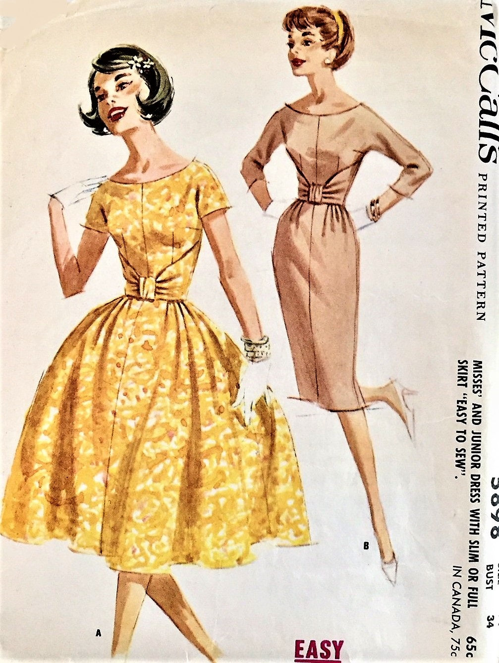 1960s BEAUTIFUL Slim or Full Skirt Midriff Dress Pattern McCALLS 5898 Scoop Neckline, Crushed and Knotted Midriff Daytime or Party Dress Bust 34 Vintage Sewing Pattern