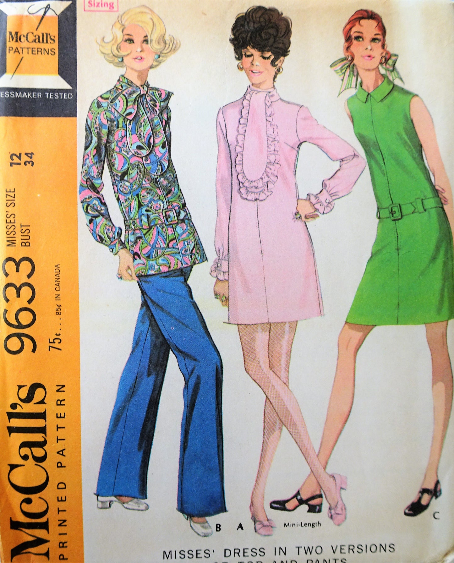 1960s MOD Dress in Two Versions or Top and Pants Pattern McCALLS 9633 Cute Styles Bust 34 Vintage Sewing Pattern FACTORY FOLDED