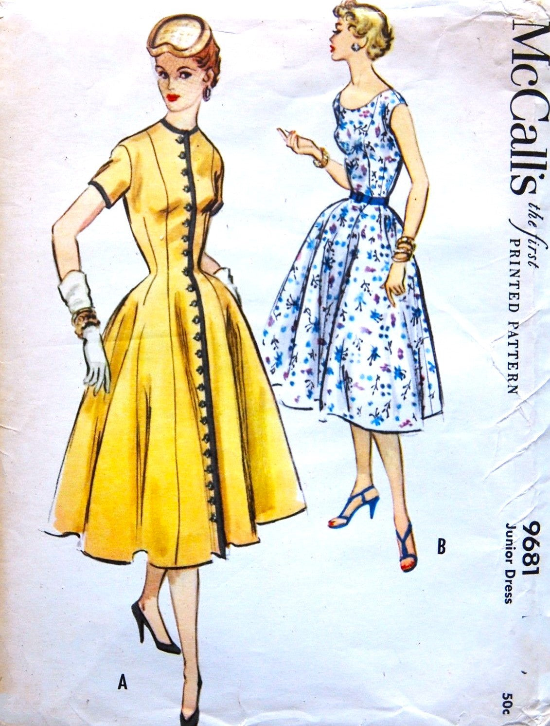 1950s FLATTERING Dress Pattern McCALLS 9681 Front Button Flared Dress Day or Party, Bust 33 Vintage Sewing Pattern