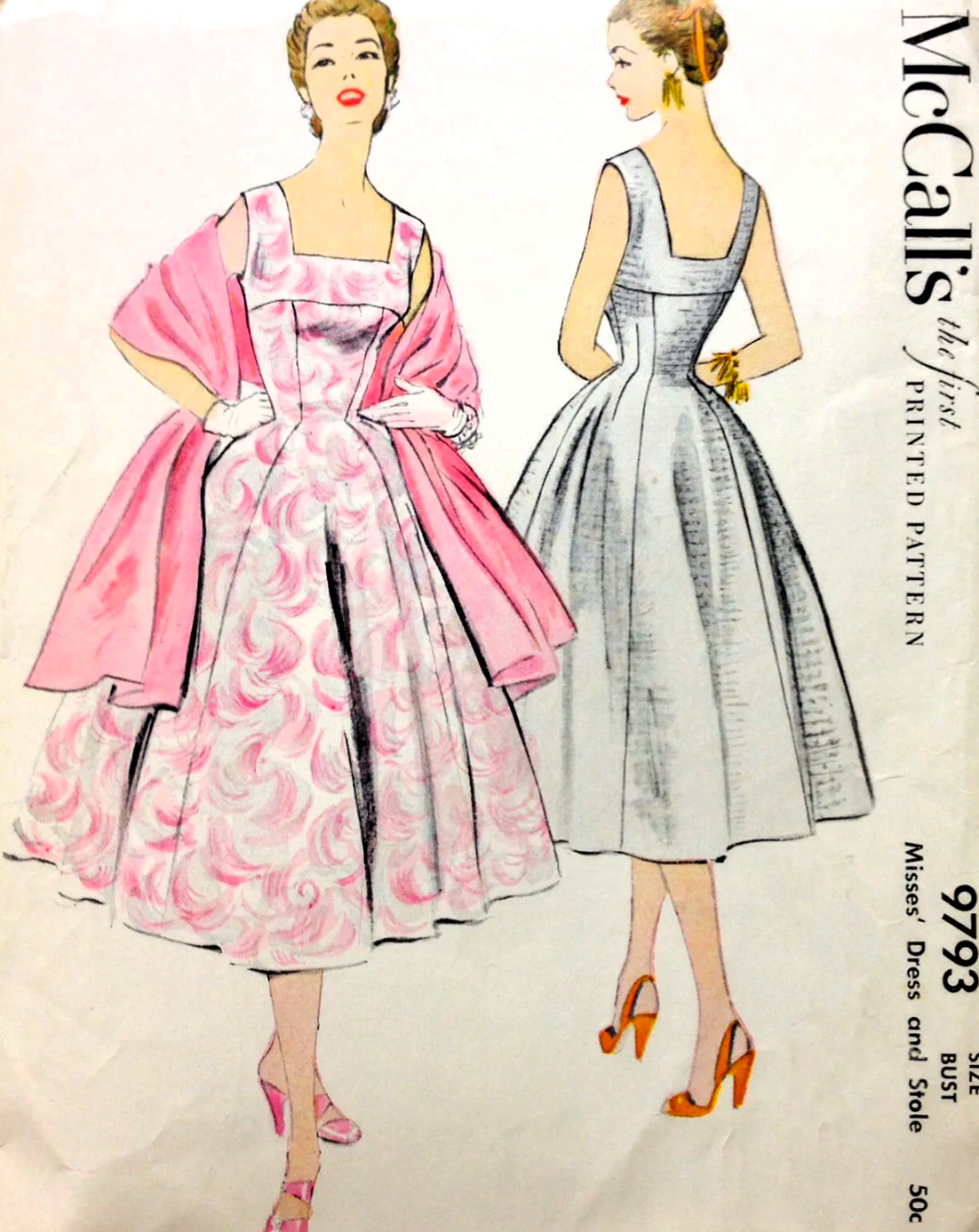 1950s BEAUTIFUL Evening Party Dress Pattern McCALLS 9793 Lovely Figure Flattering Cocktail Party Dress Bust 32 Vintage Sewing Pattern
