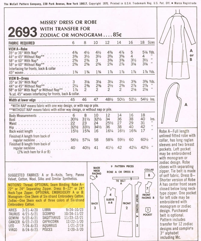 1970s Unique Dress or Robe With Zodiac and Monogram Transfers Pattern McCall's 2693 Vintage Sewing Pattern UNCUT FACTORY FOLDED