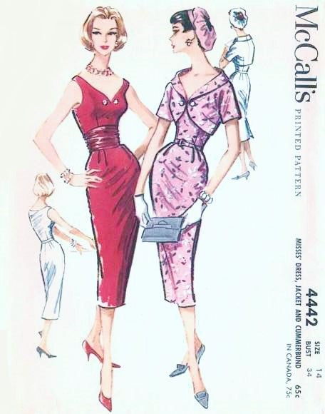 1950s Slim Cocktail Evening Dress,Bolero Jacket and Cummerbund Pattern Bombshell V Neckline Party Dress Flattering Shaped Neckline Jacket McCalls 4442 Vintage Sewing Pattern Bust 34