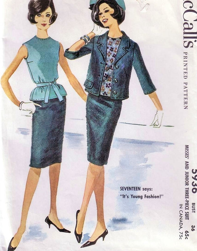 1960s Tippi Hedren Style Suit Pattern McCALLs 5936 Slim Skirt, Overblouse and Boxy Jacket Bust 32 Vintage Sewing Pattern