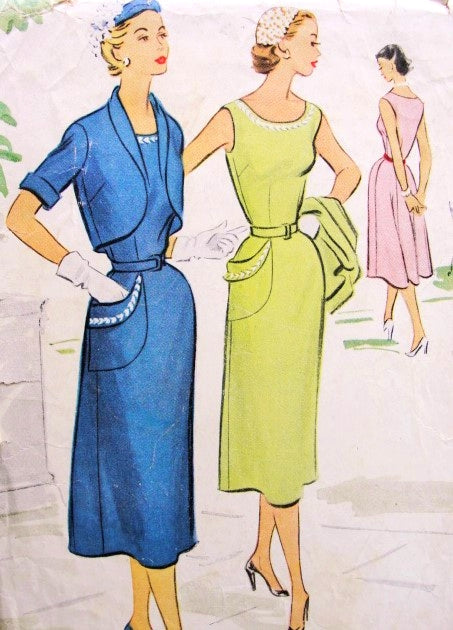 1950s Lovely Dress and Bolero Jacket Pattern McCalls 8893 Slim Front Flowing Back Skirt Dress Figure Flattering Style bust 32 Vintage Sewing Pattern
