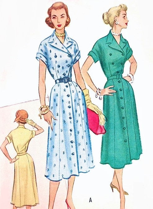 1950s Stylish Dress Pattern McCalls 9296 Double Breasted Side Closing Flare Skirt Dress Bust 32 Vintage Sewing Pattern