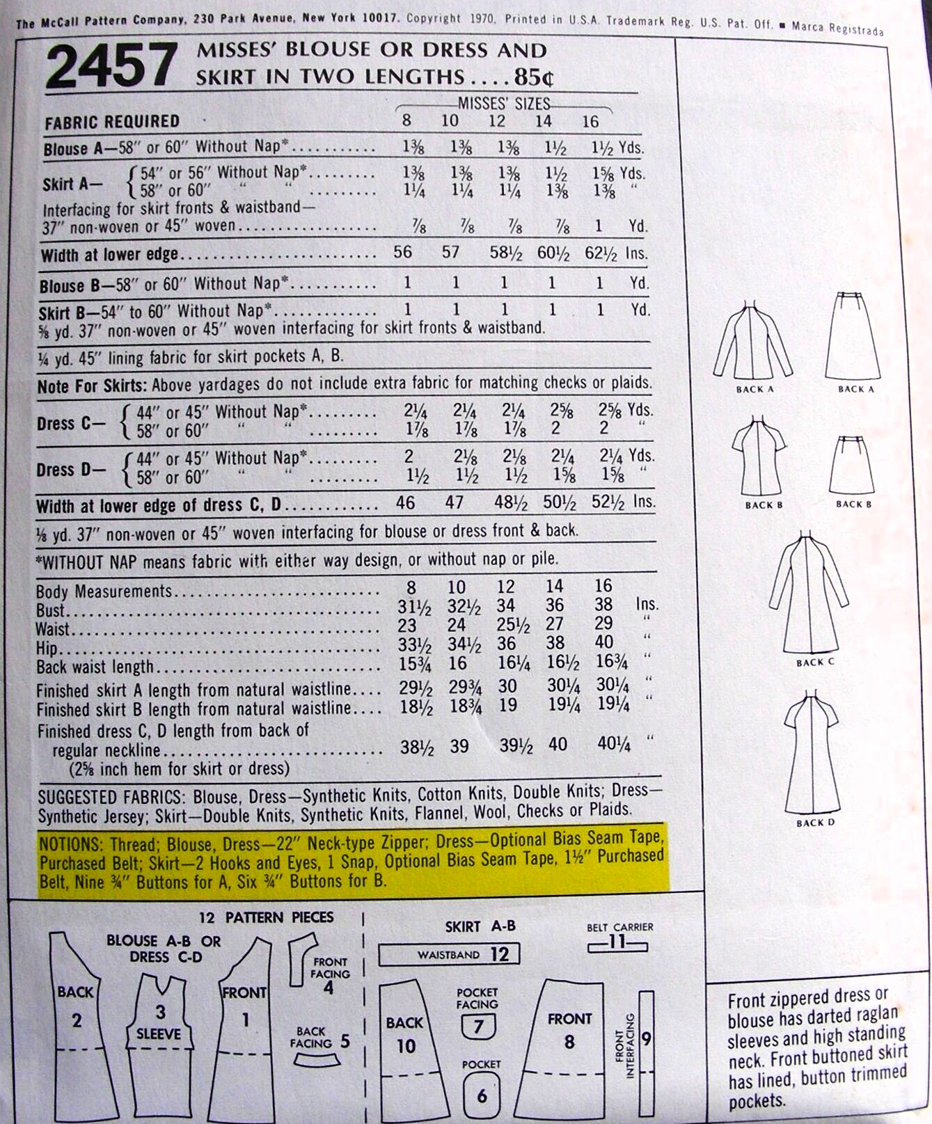 1970s FAB 1970's Blouse or Dress and Skirt in 2 Lengths Pattern McCALLs 2457 Mini or Midi Skirts Bust 32 Vintage Sewing Pattern FF