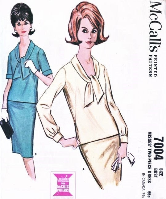 Classic Early 60s 2 Pc Dress Pattern McCALLS 7004 Slim Pencil Skirt Front Tie Over Blouse Top Vintage Sewing Pattern