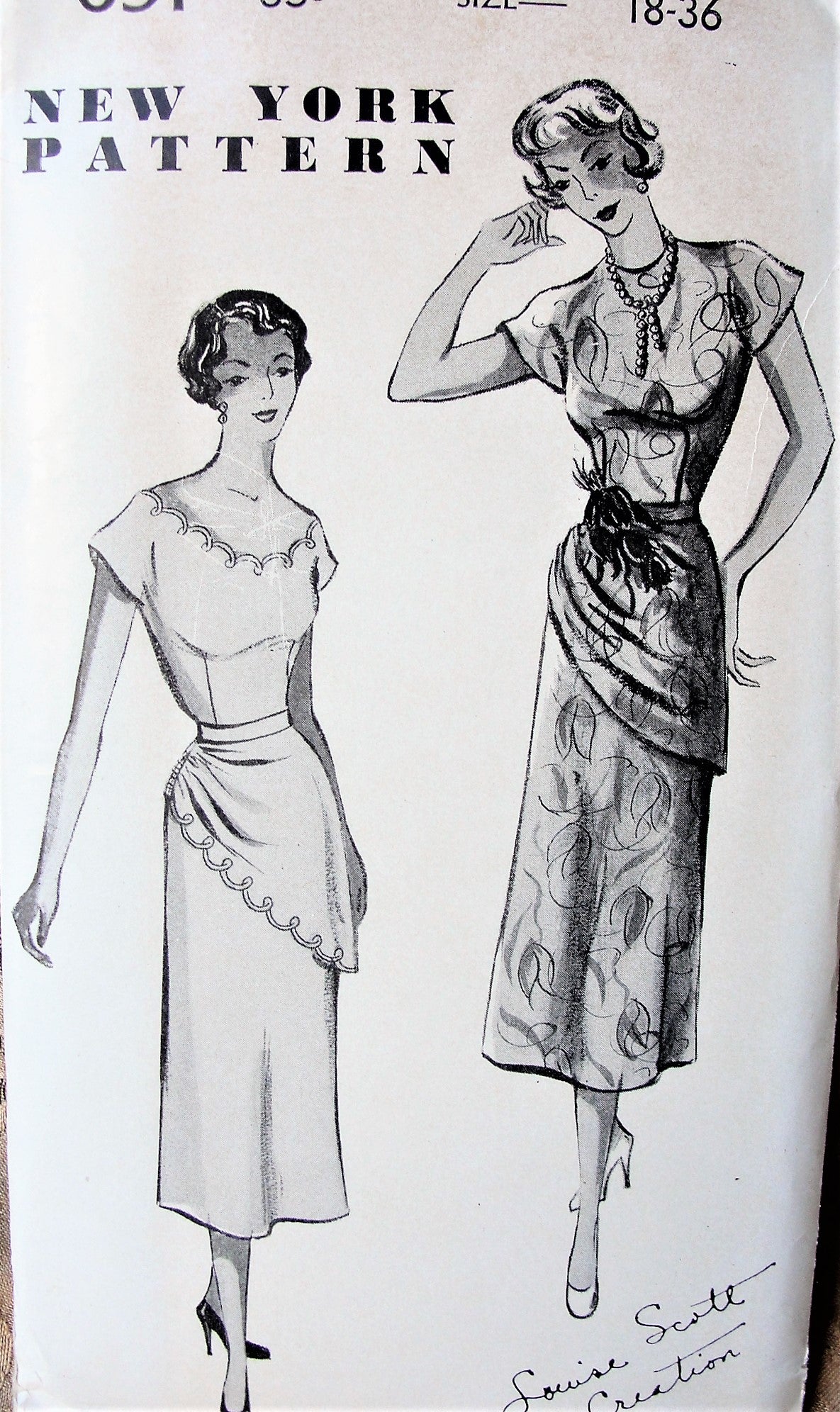 1940s STUNNING Cocktail Evening Dress Pattern NEW YORK 691 Louise Scott Design 2 Lovely Styles, Draped Peplum Across Front, Side Shirred, Bust 36 Vintage Sewing Pattern FACTORY FOLDED