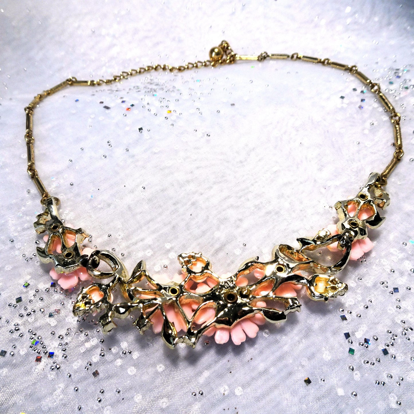 LOVELY Vintage Pink Floral Necklace,Sparkling Glass Centers, Signed Jewelry, 1950s Necklace Mid Century, Collectible Vintage Jewelry