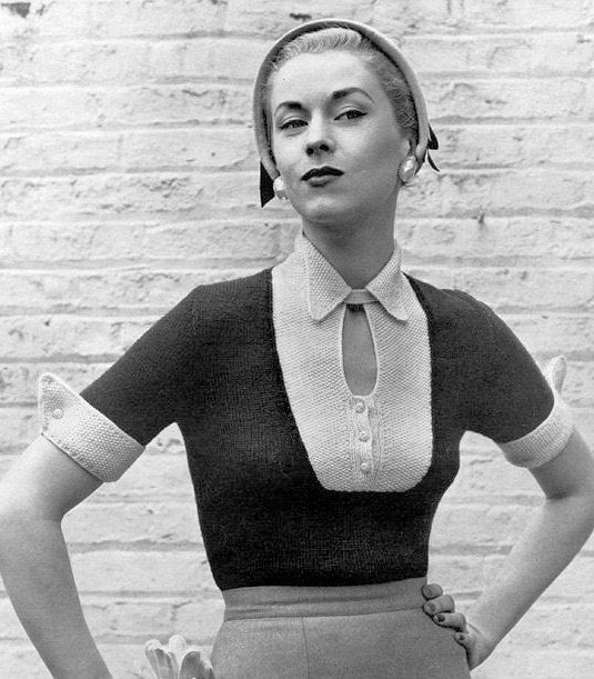 INSTANT PDF Pattern 1950s Vintage Knitting Pattern Perky 2 Tone Sweater KEYHOLE Neckline Wing Cuffs Sizzling Retro Style