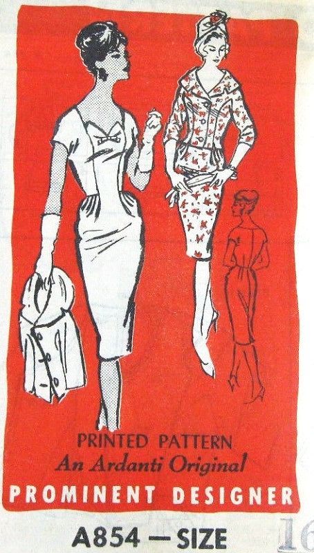 Late 50s STUNNING Cocktail Dress and Fitted Jacket Pattern PROMINENT DESIGNER A854 Ardanti Original Features Portrait Neckline Jacket Slim Wiggle Evening Party Dress Bust 36 Vintage Sewing Pattern