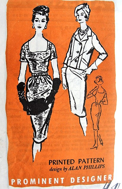 1960s CHIC Cocktail Party Evening Dress and Jacket Pattern PROMINENT DESIGNER 158 Designer Alan Phillips Low Neckline Slim Dress Boxy Jacket, Bust 34 Vintage Sewing Pattern FACTORY FOLDED
